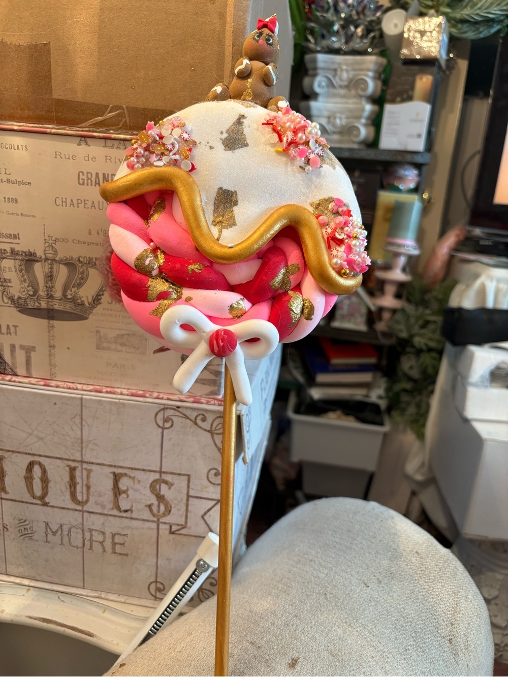 Handcrafted Pink & Gold Holiday Lollipop Cake Pop Decoration